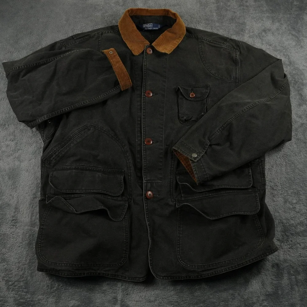 VTG Polo Ralph Lauren Chore Jacket Mens XL‎ Black Canvas Corduroy Trim Utility